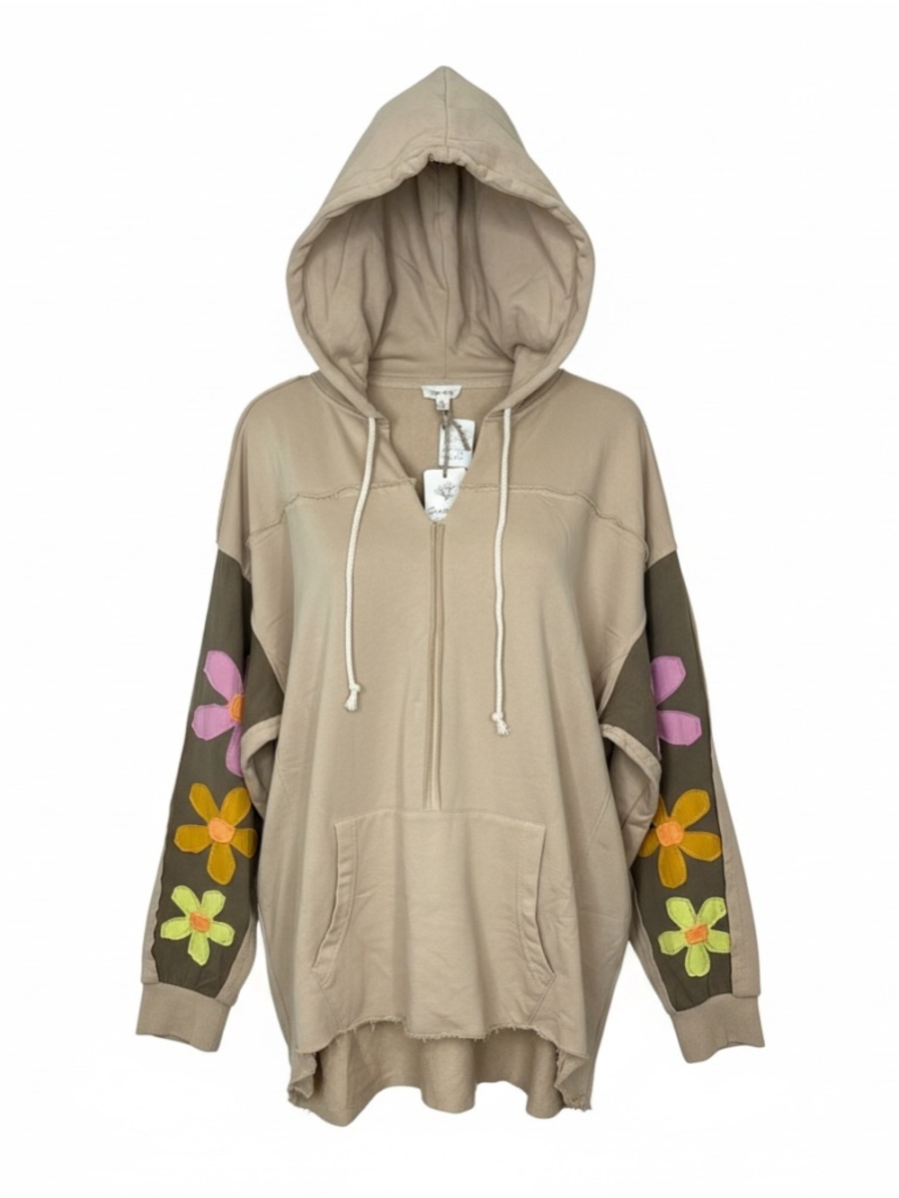 Beige‎ Hoodie with Floral Sleeve Appliqués